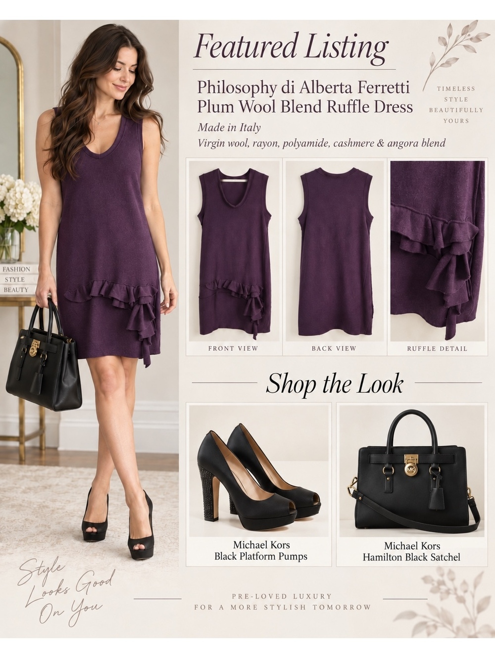 Philosophy di Alberta Ferretti Plum Wool Cashmere Angora Dress Made in Italy S